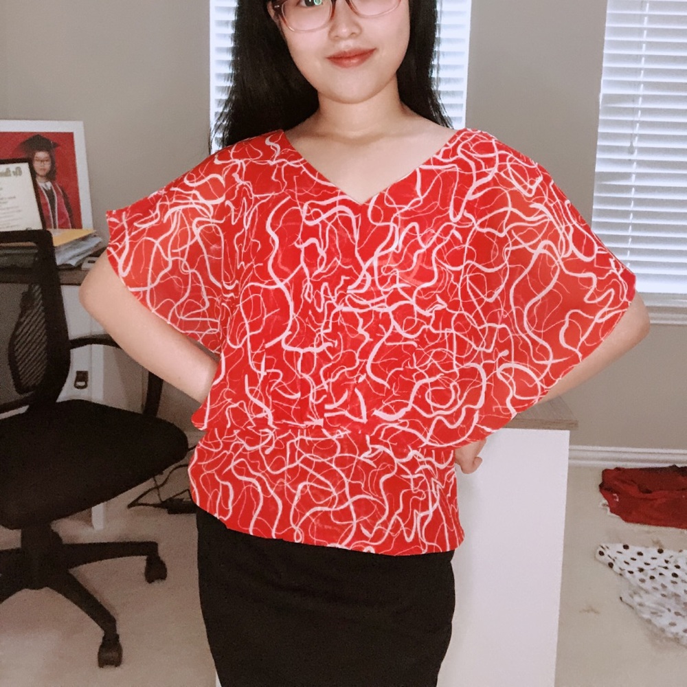 Women bat sleeve v neck chiffon floral polka dot office blouse shirt top
